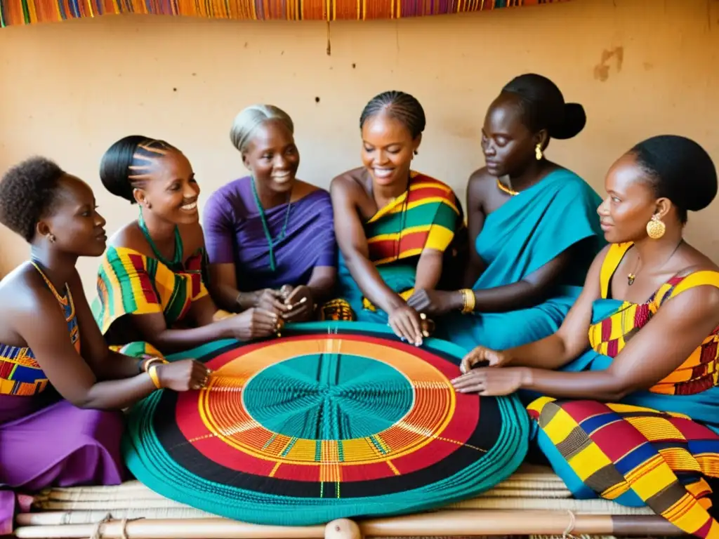 Un grupo de mujeres africanas teje Kente en telares tradicionales, rodeadas de colores vibrantes y significado cultural de tejidos africanos