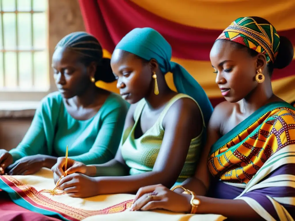 Un grupo de mujeres africanas bordando patrones tradicionales en telas coloridas, con gran destreza y significado cultural en la vestimenta africana