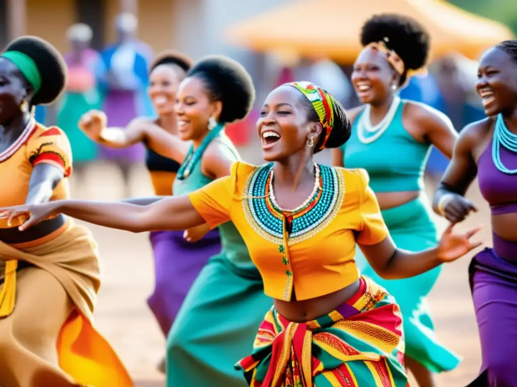 Un grupo de mujeres africanas vistiendo trajes tradicionales danzan con gracia y determinación, rodeadas de una comunidad que observa con admiración