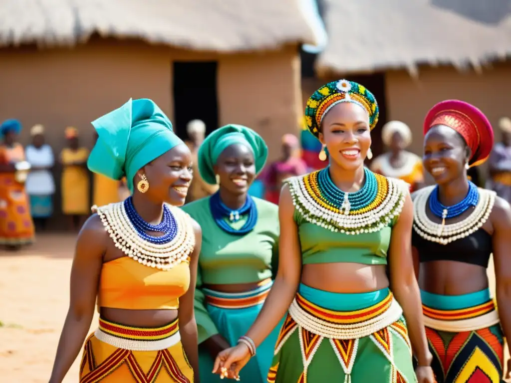 Grupo de mujeres africanas en trajes de boda tradicionales realizando una danza ceremonial en un animado evento cultural africano