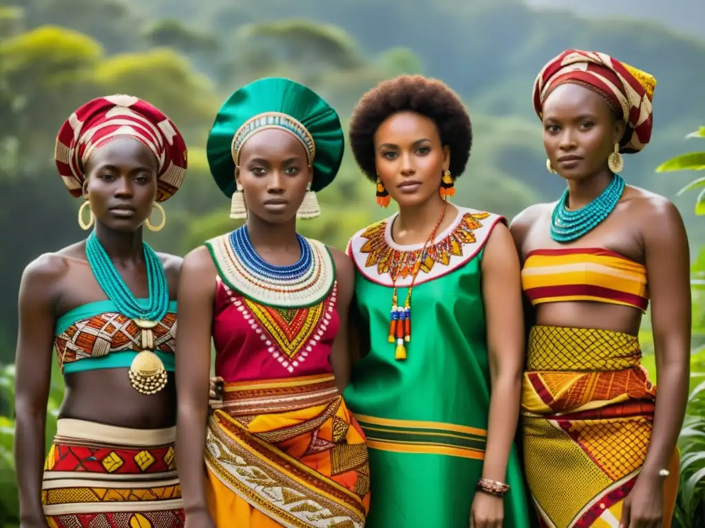 Grupo de mujeres africanas vistiendo trajes folklóricos con significado cultural, frente a exuberante vegetación