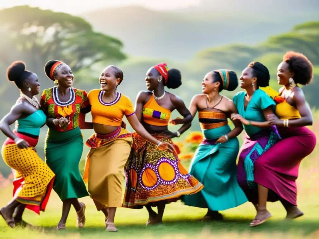 Grupo de mujeres africanas vestidas con trajes tradicionales danzando juntas en círculo, expresando alegría y confianza