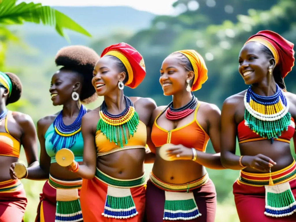 Un grupo de mujeres africanas vestidas con trajes tradicionales coloridos y llenos de patrones, bailando con gracia y fuerza en un claro soleado rodeado de exuberante vegetación, transmitiendo orgullo y comunidad