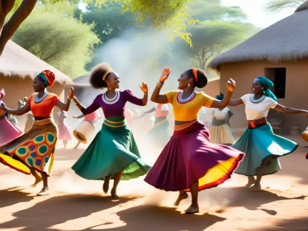 Un grupo de mujeres africanas vestidas con trajes tradicionales coloridos bailando en círculo alrededor de un tamborista en un entorno polvoriento al aire libre