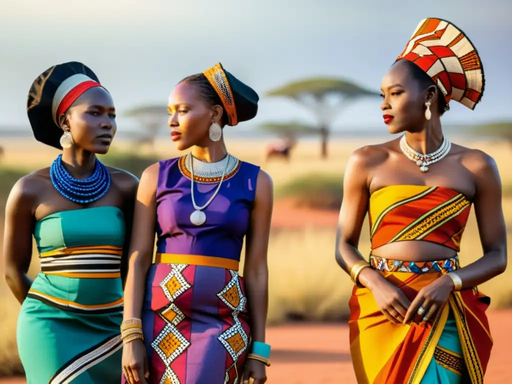 Un grupo de mujeres africanas con vestimenta tradicional colorida, presentando orgullo y belleza en la sabana africana bañada por el sol