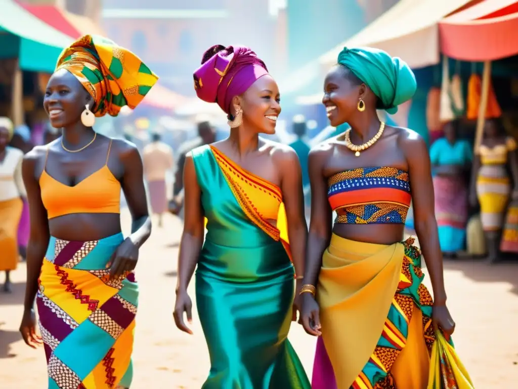 Grupo de mujeres africanas en vibrante mercado, vistiendo faldas y envueltas con significado cultural