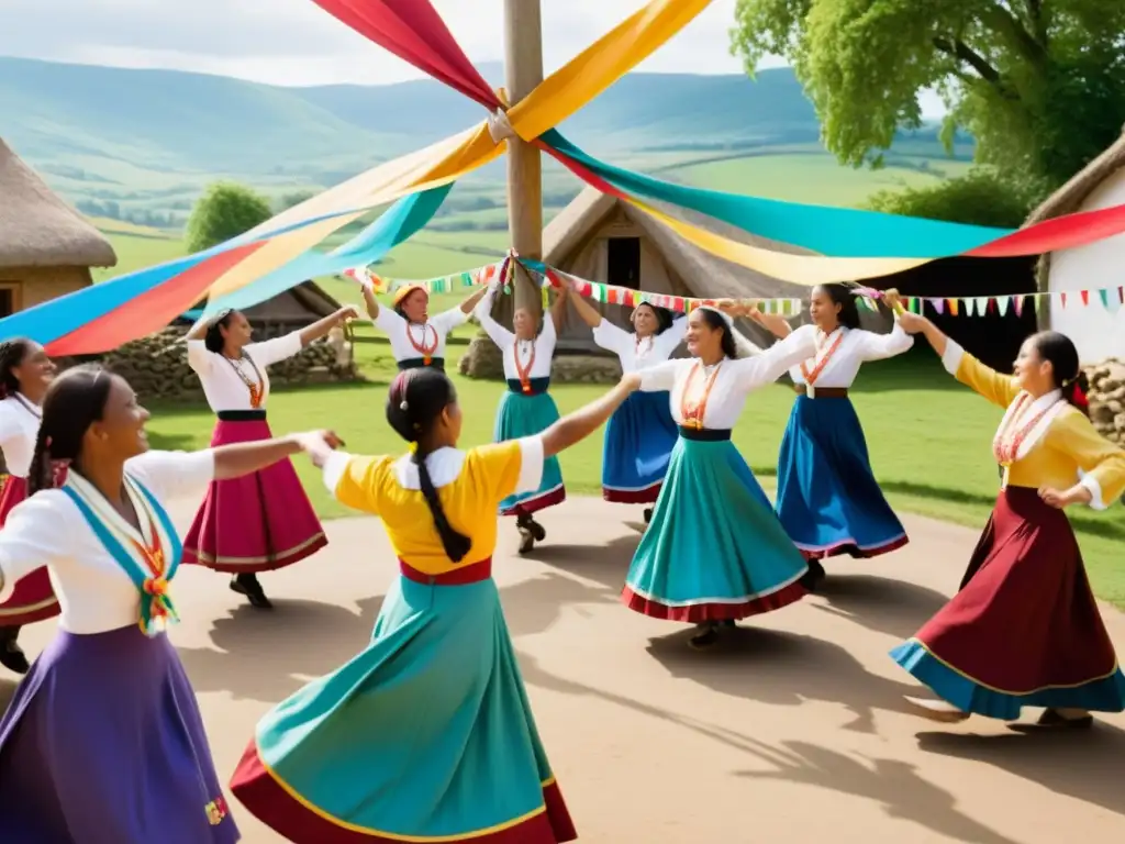 Grupo de mujeres danzando alrededor de un alegre maypole, representando el empoderamiento de la mujer en danzas tradicionales