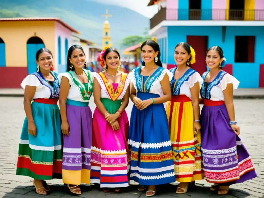 Un grupo de mujeres baila con alegría en trajes típicos de El Salvador, reflejando su significado cultural en una plaza colorida