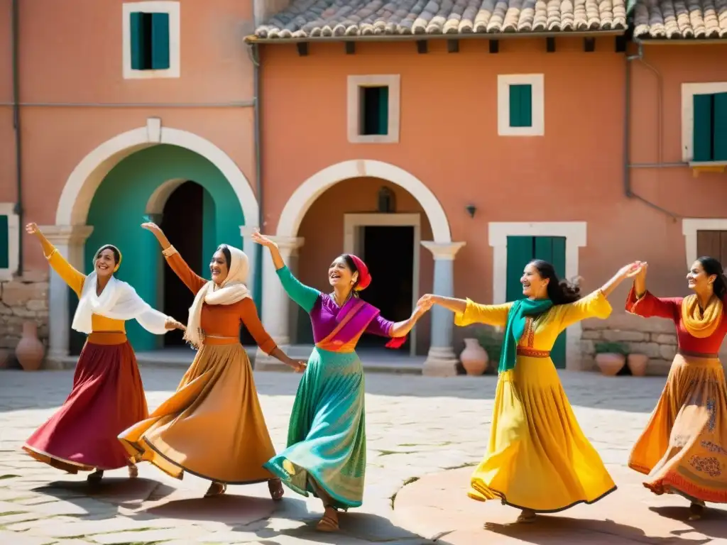 Grupo de mujeres danzando en círculo bajo el sol italiano, con vestidos coloridos