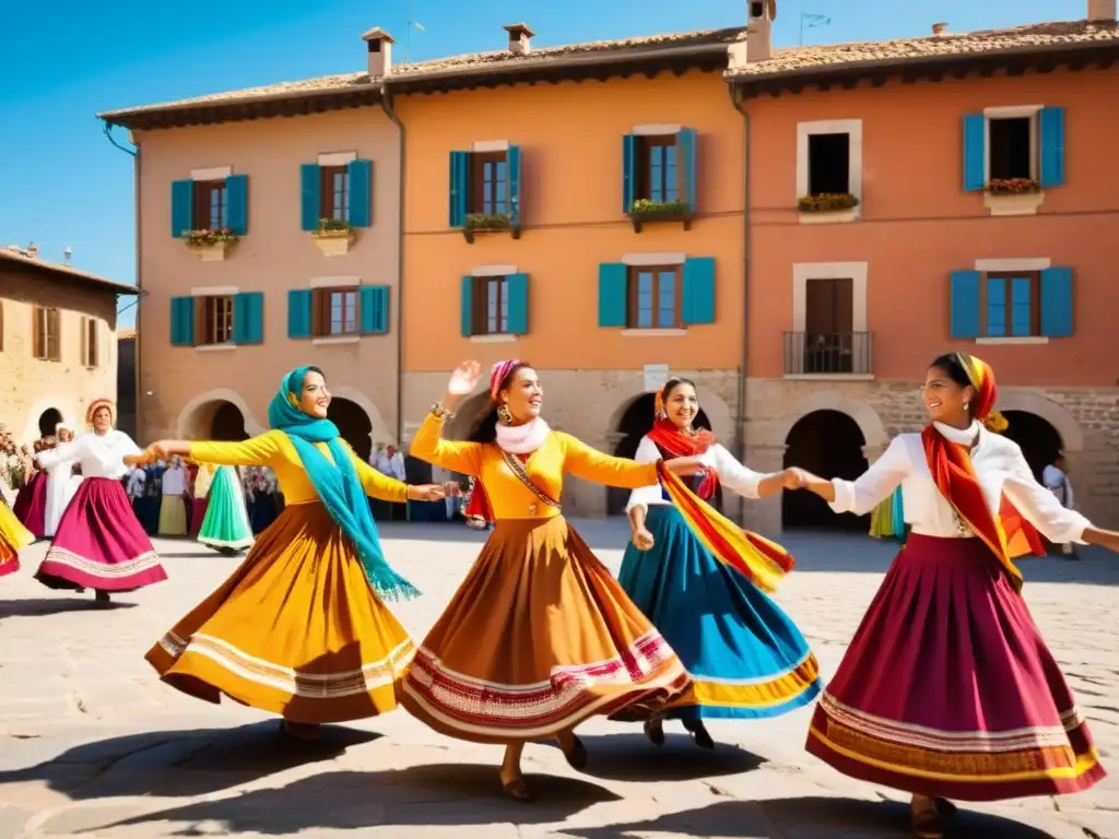 Grupo de mujeres bailando en círculo con trajes tradicionales en Italia, creando un ambiente festivo y vibrante