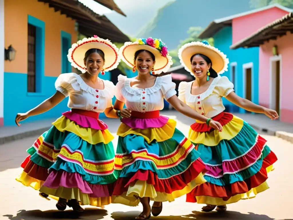 Baile tradicional de mujeres colombianas en polleras vibrantes Grupo de mujeres colombianas vistiendo polleras coloridas bailando en celebración tradicional