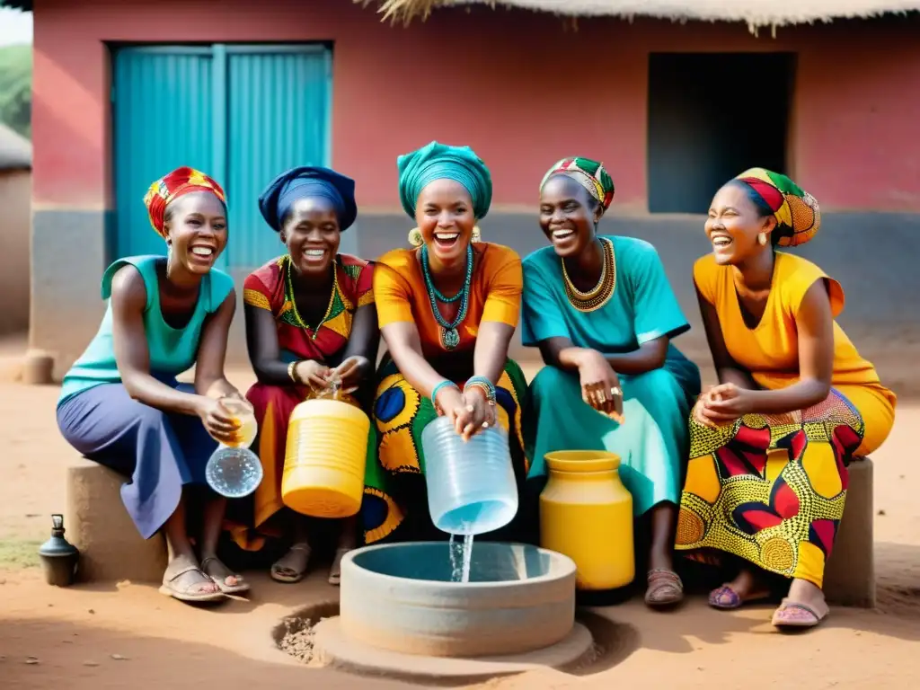 Un grupo de mujeres viste coloridas prendas tradicionales africanas, riendo y charlando mientras llenan sus recipientes en un pozo comunitario