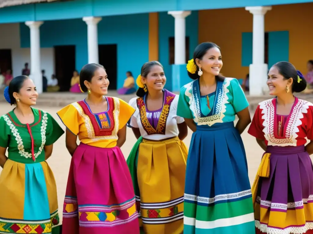 Un grupo de mujeres viste coloridos trajes típicos de El Salvador, mostrando su significado cultural en un mercado central