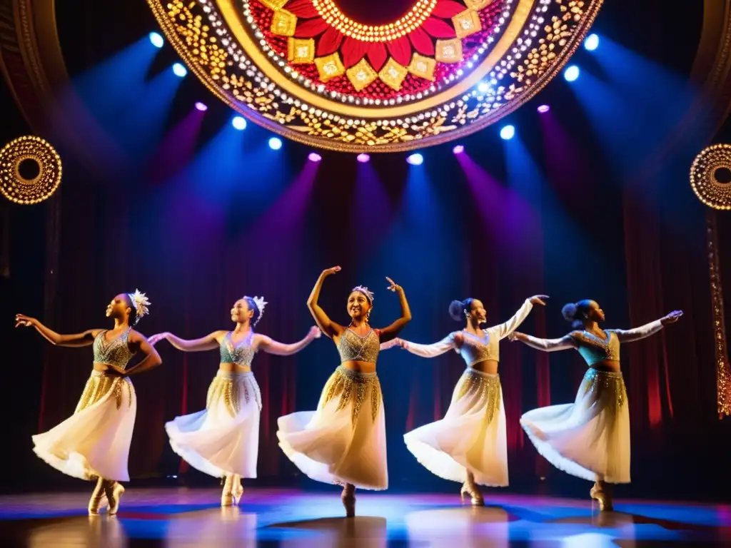 Grupo de mujeres en coloridos trajes de danza del vientre, bailando con gracia y pasión en un escenario iluminado