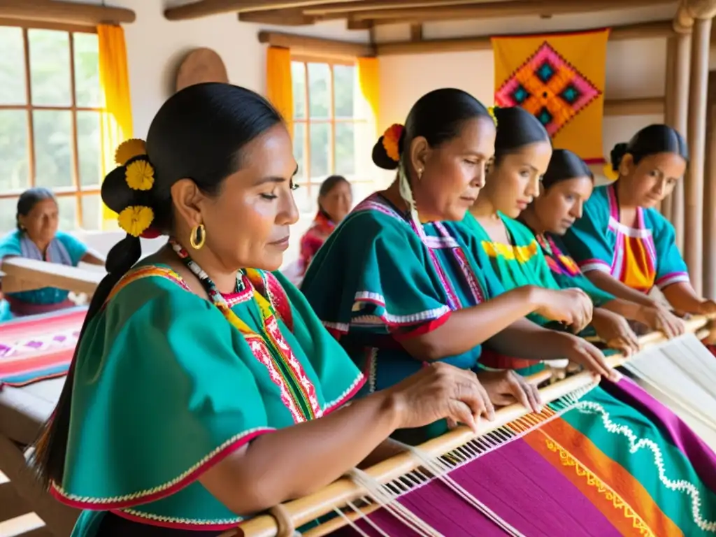 Un grupo de mujeres de una comunidad indígena en México tejen juntas en un telar de madera, vistiendo trajes de danza tradicionales icónicos