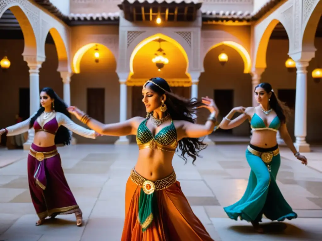 Danza del vientre: Empoderamiento femenino en un patio oriental Un grupo de mujeres ejecuta la danza del vientre en un patio ornamentado del Medio Oriente