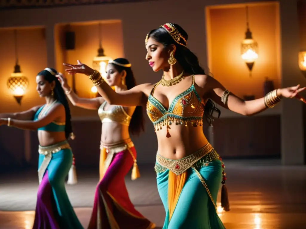 Un grupo de mujeres baila la danza del vientre en un estudio decorado con luz tenue, destacando la fluidez y gracia de la tradición