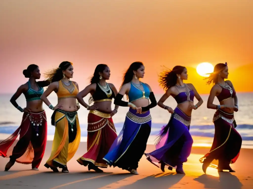 Un grupo de mujeres practica la Danza del Vientre en América Latina al atardecer, rodeadas de color y pasión