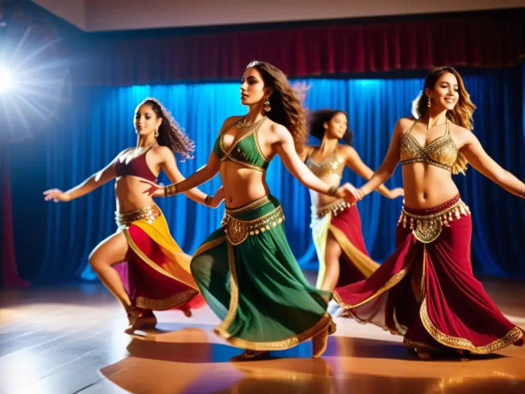 Un grupo de mujeres bailando graciosamente danza del vientre técnica sensual en trajes vibrantes y fluidos, en un estudio de danza ricamente decorado