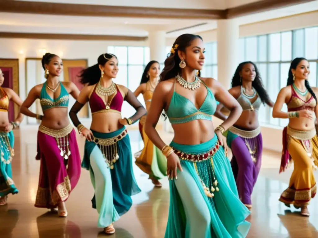 Un grupo de mujeres diversas practicando danza del vientre en un estudio espacioso y luminoso con espejos y tapices vibrantes