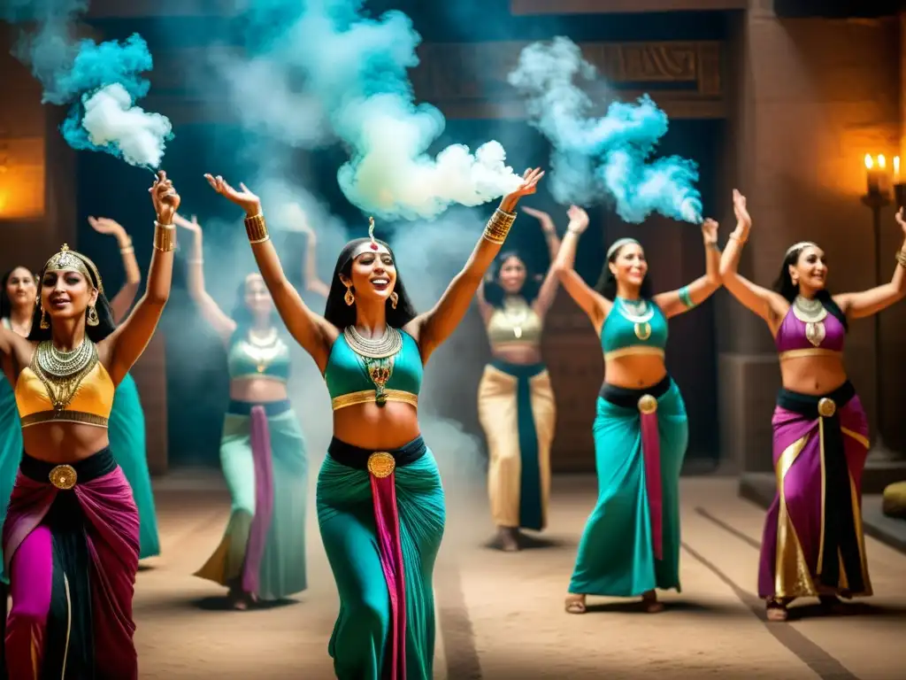 'Grupo de mujeres egipcias realizando el ritual del Zaar Egipcio en una habitación decorada, creando un ambiente místico y culturalmente significativo