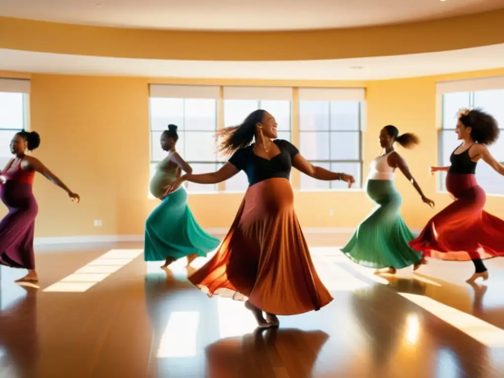 Grupo de mujeres embarazadas bailando con alegría y determinación en un estudio soleado, rodeadas de una atmósfera cálida y acogedora