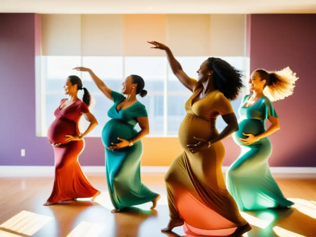 Grupo de mujeres embarazadas bailando en un estudio soleado, celebrando su conexión con sus cuerpos en crecimiento