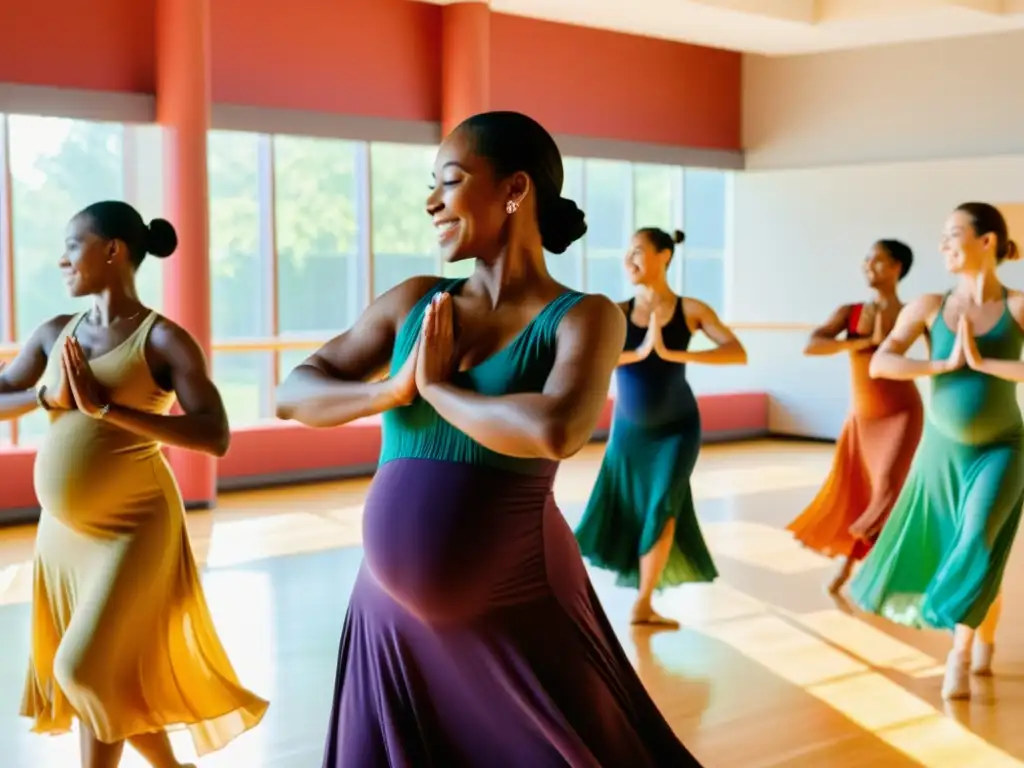 Un grupo de mujeres embarazadas danzando con gracia y alegría en un estudio de baile con luz natural