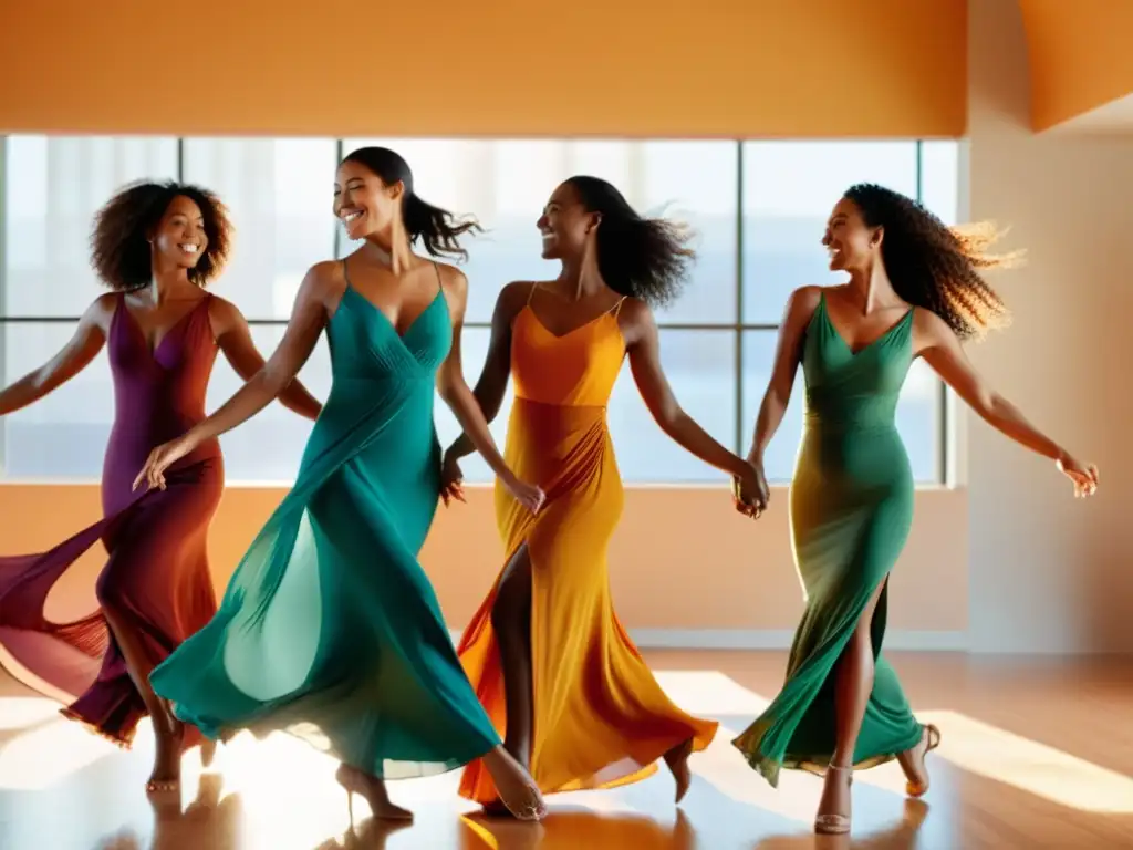 Grupo de mujeres embarazadas danzando con gracia en un estudio soleado, creando armonía visual