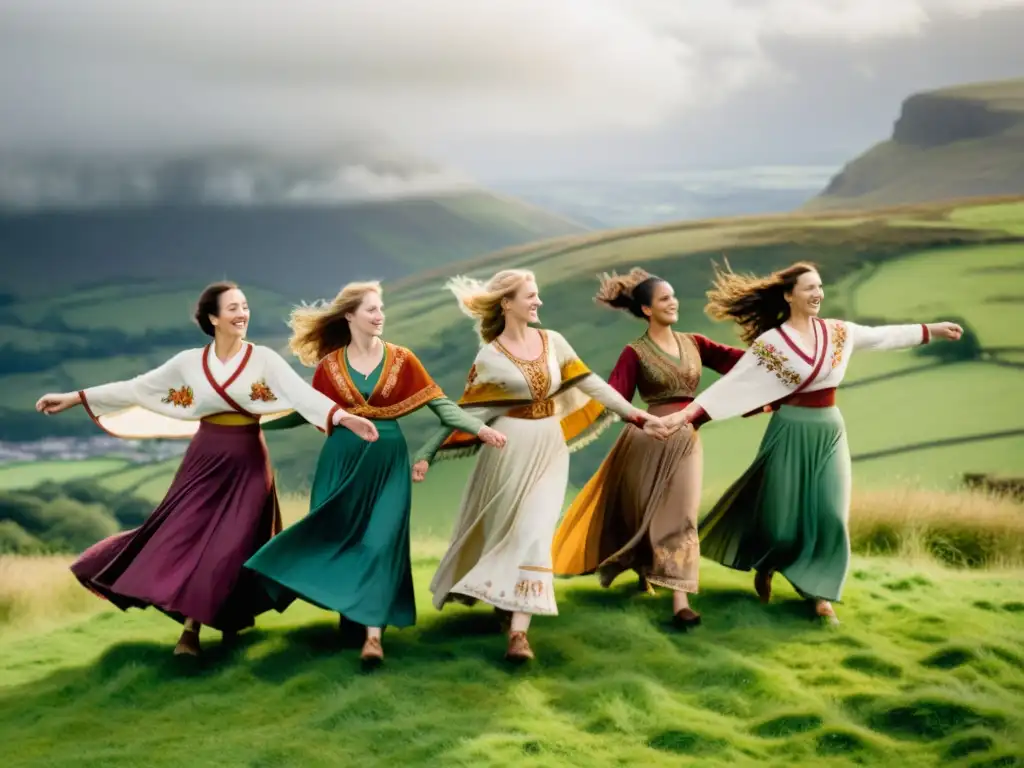 Un grupo de mujeres con faldas y chales bordados en la colina verde de Irlanda, bailando en armonía en un retiro de danza celta en Irlanda