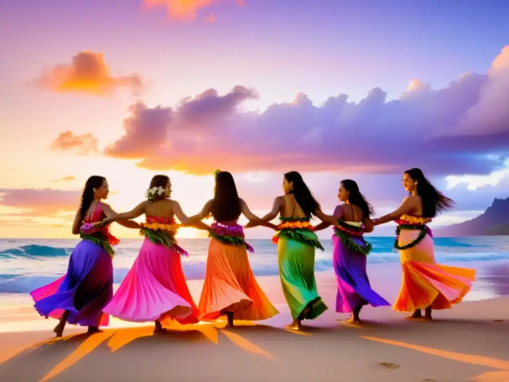 Un grupo de mujeres con faldas hawaianas y collares de flores realizando un baile hula al atardecer en la playa