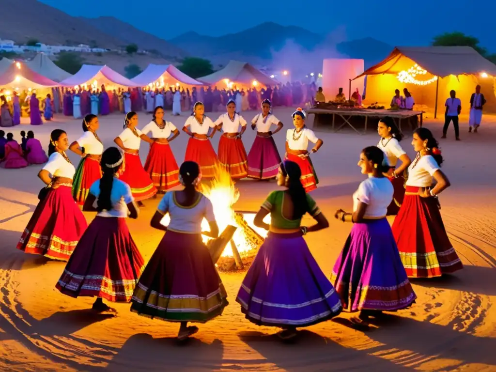 Grupo de mujeres Rajasthani danzando alrededor de una fogata en el Festival de danza Rajasthani en Pushkar, con faldas coloridas y música tradicional