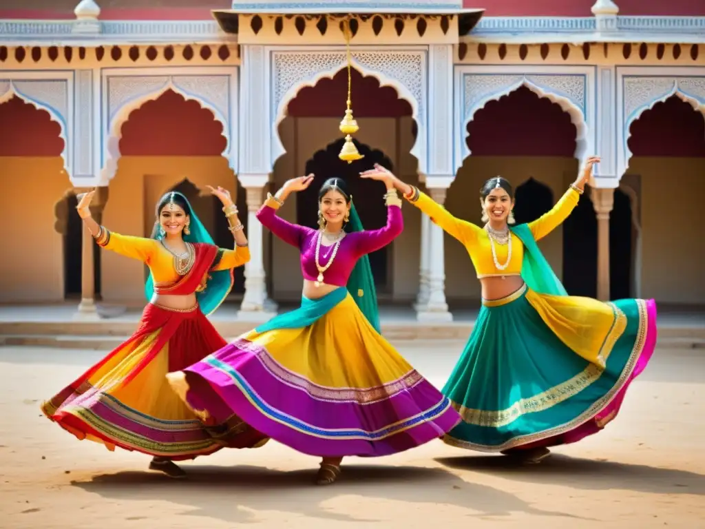 Grupo de mujeres de Rajastán danzando Ghoomar, vistiendo trajes tradicionales vibrantes, joyas y telas coloridas, en un entorno culturalmente rico