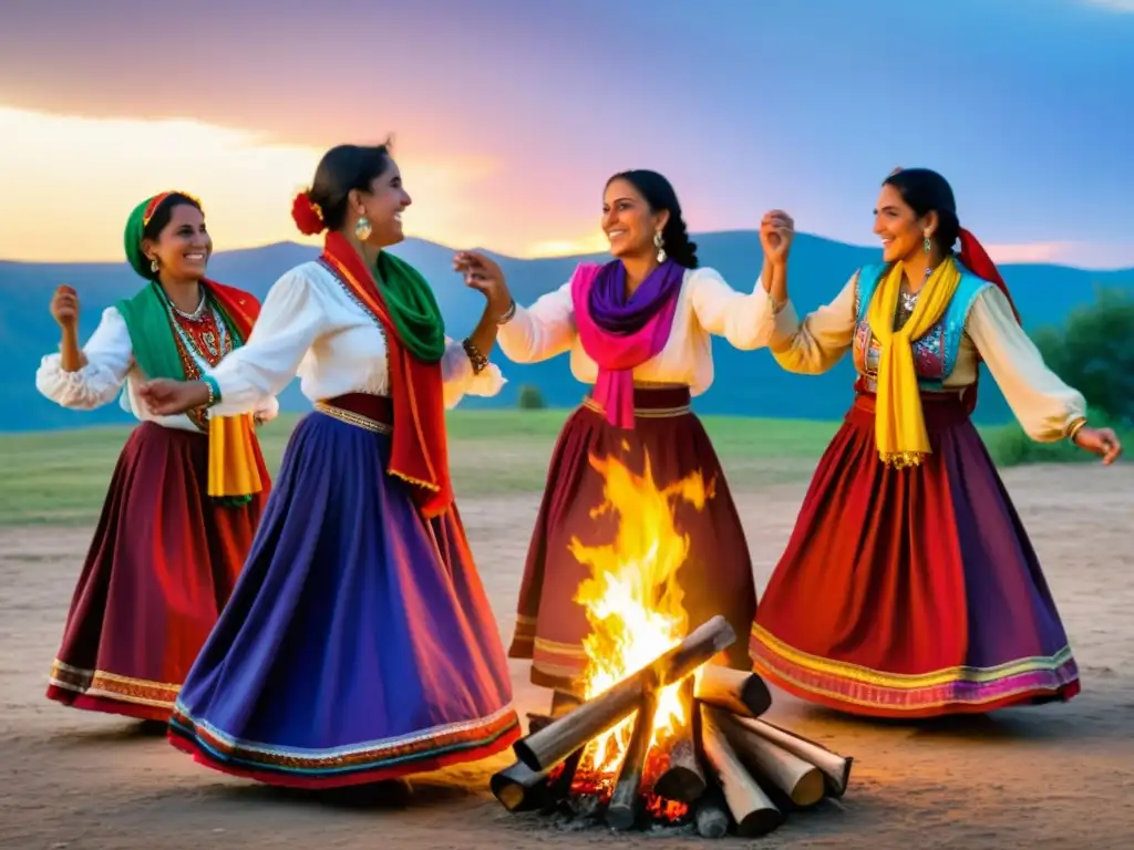 Grupo de mujeres gitanas danzando alrededor de una hoguera bajo el cielo estrellado, expresando la pasión de las danzas gitanas tradicionales significado cultural