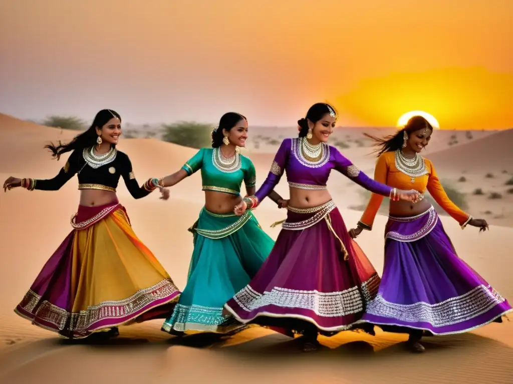 Grupo de mujeres de Rajastán bailando con gracia en el desierto de Jaisalmer en el Festival de Danza, creando un espectáculo de color y movimiento en el atardecer dorado del desierto