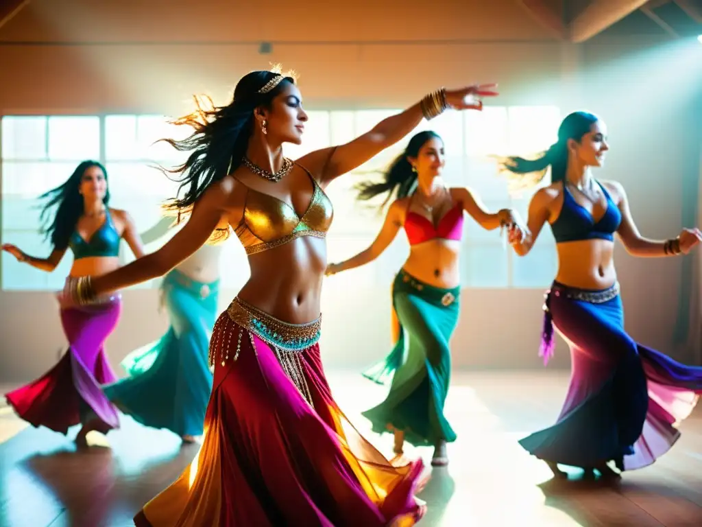 Un grupo de mujeres danzando con gracia en un estudio iluminado por el sol, creando colores vibrantes con sus trajes de danza del vientre