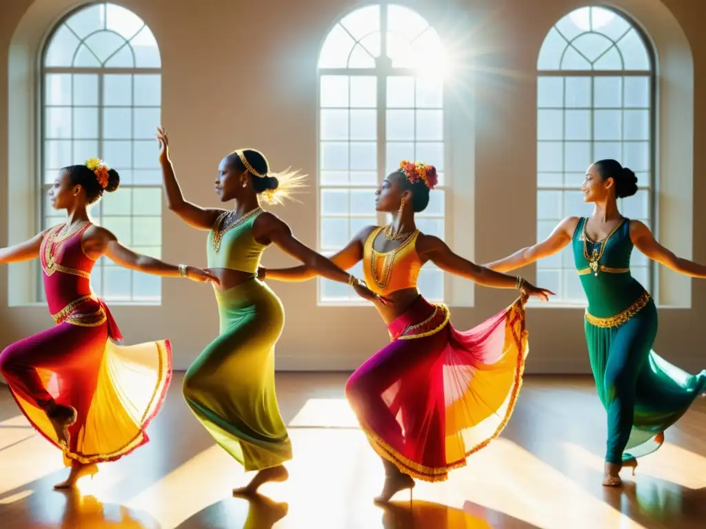 Grupo de mujeres danzando con gracia en estudio ornado, capturando la esencia del curso intensivo danza del vientre