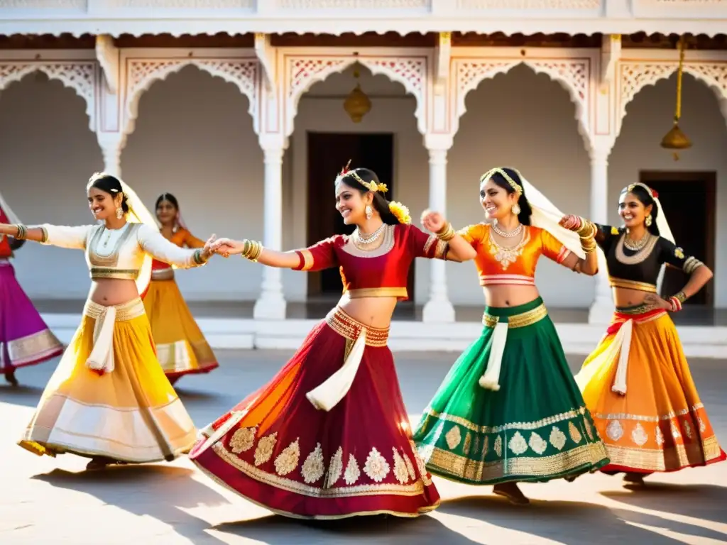 Un grupo de mujeres baila con gracia en el Festival de Danza Udaipur luciendo hermosos trajes típicos Rajasthani