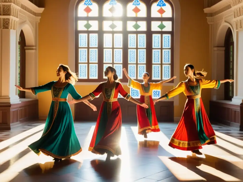 Grupo de mujeres danzando con gracia y determinación en trajes vibrantes, evocando el significado cultural de la danza del vientre