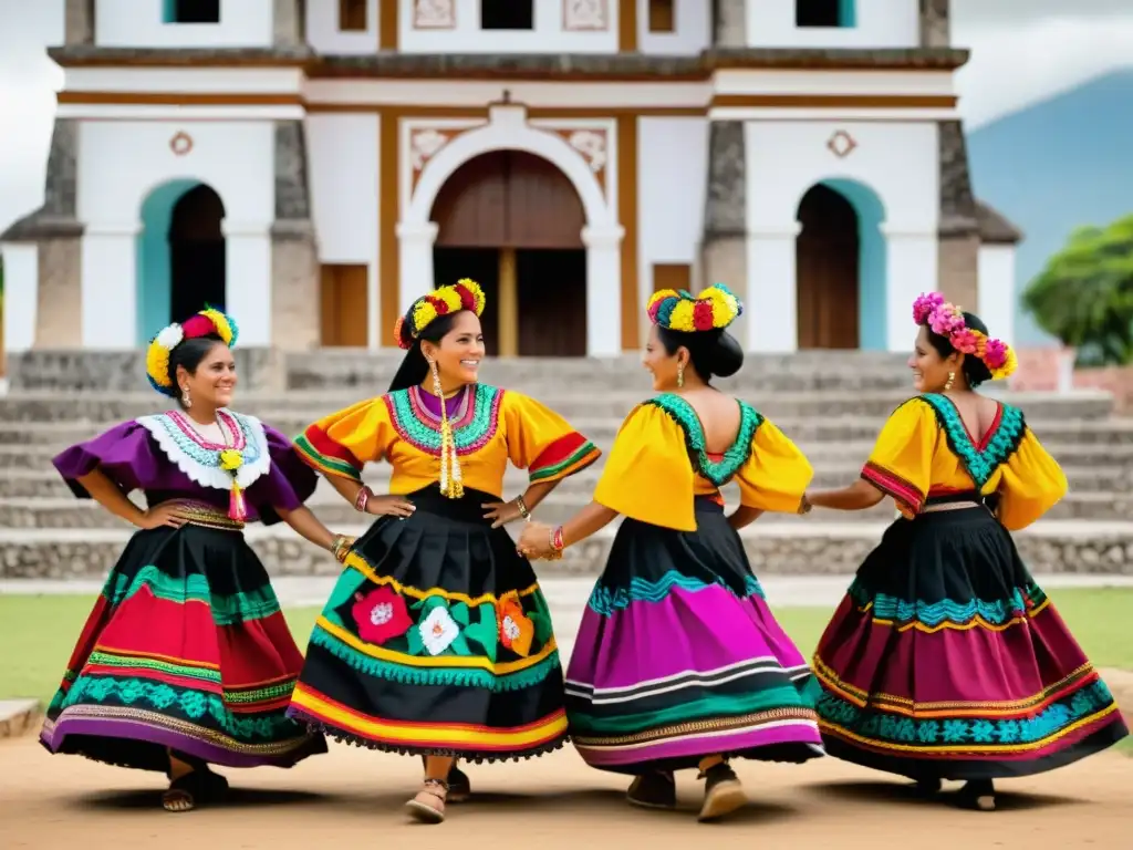 Grupo de mujeres guatemaltecas en traje típico, bailando frente a una iglesia colonial con flores