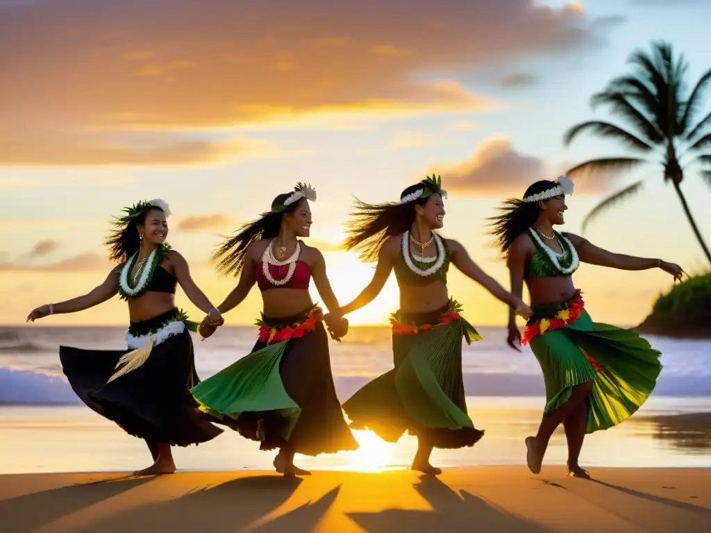 Grupo de mujeres realizando una hermosa danza hula polinesia en la playa al atardecer, transmitiendo alegría y pasión