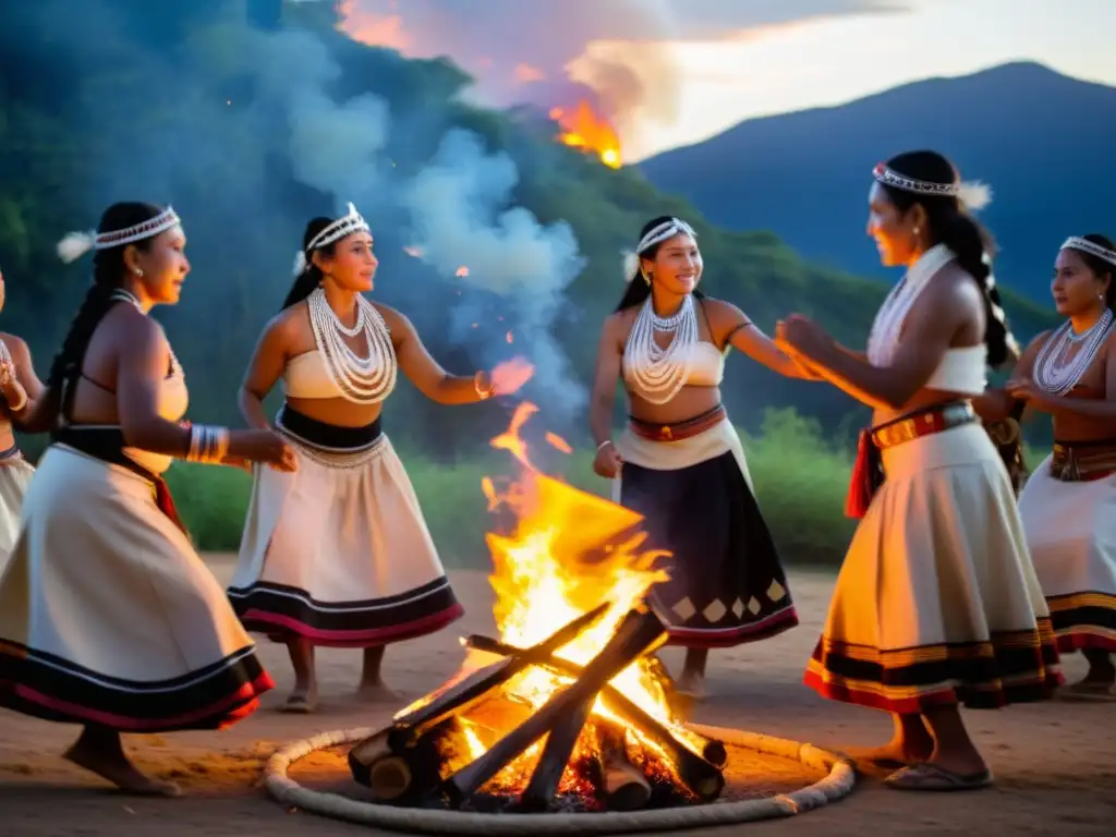 Grupo de mujeres indígenas danzando alrededor de una fogata, transmitiendo el significado cultural de la danza tradicional con gracia y reverencia