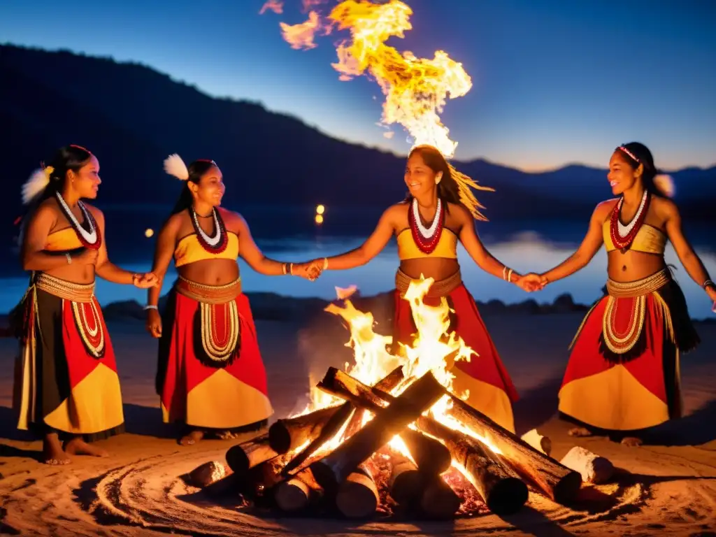 Danza sagrada de mujeres indígenas alrededor del fuego Grupo de mujeres indígenas en trajes ceremoniales realizando danzas sagradas alrededor de una fogata bajo el cielo estrellado