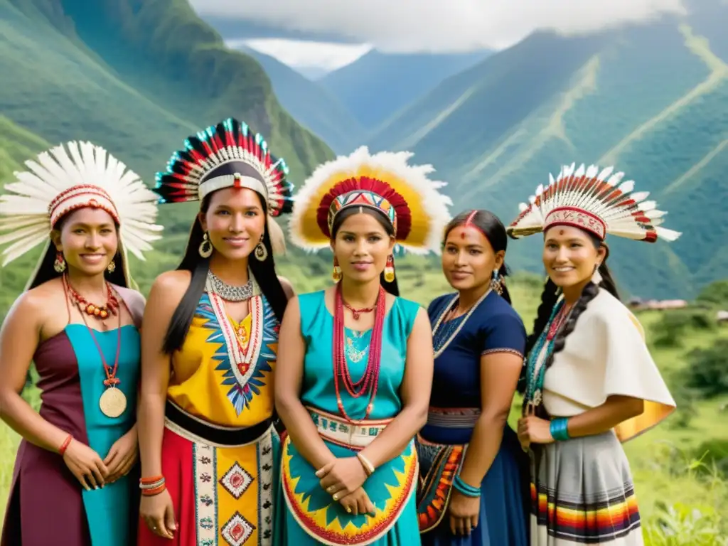 Grupo de mujeres indígenas con trajes folklóricos, rodeadas de artesanías y paisaje montañoso