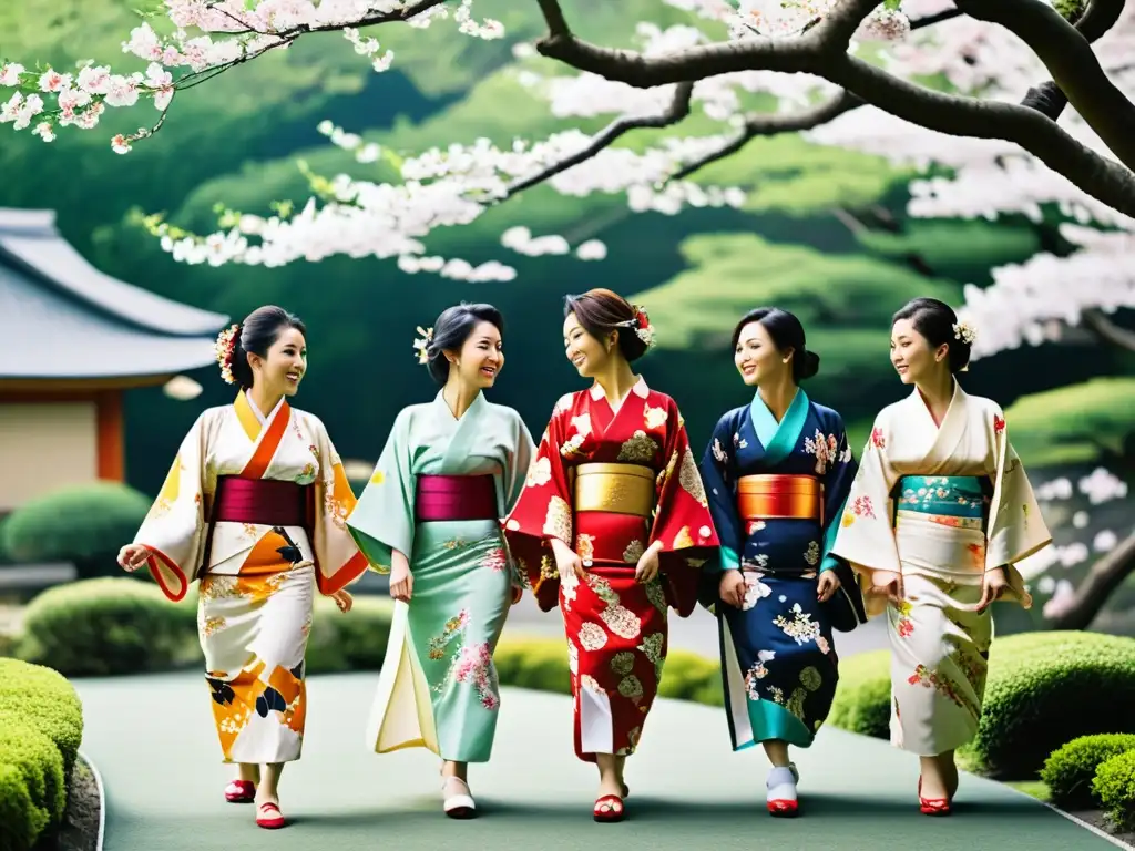 Un grupo de mujeres japonesas vistiendo kimonos coloridos danzan en un jardín tradicional con árboles de cerezo en flor