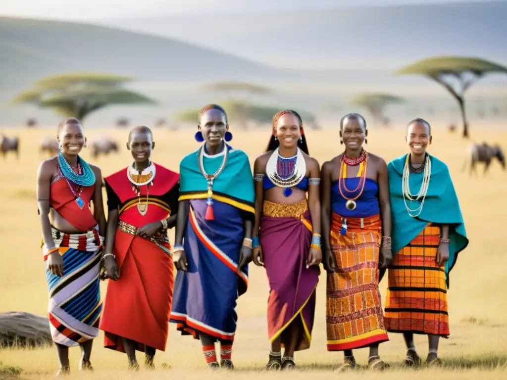 Grupo de mujeres Maasai con atuendos ceremoniales en la sabana africana, exudando orgullo y belleza atemporal