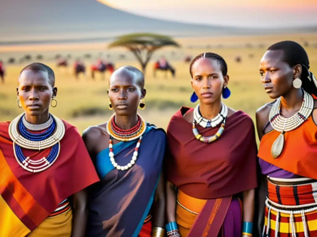 Un grupo de mujeres maasai con vestimenta tradicional y joyería colorida, en la sabana africana al atardecer