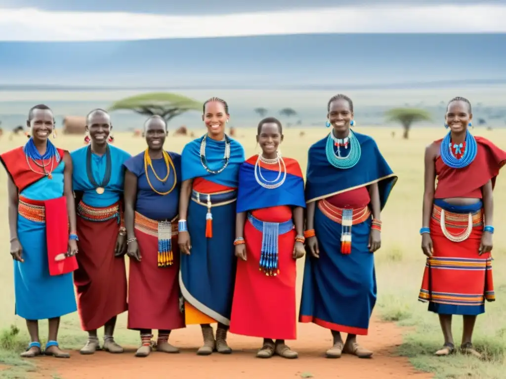 Grupo de mujeres masái vistiendo atuendos tradicionales en la sabana africana, mostrando el significado cultural de la vestimenta en ritos africanos