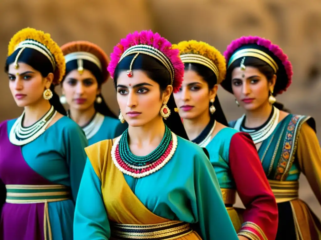 Grupo de mujeres mesopotámicas realizando la danza del vientre en un templo adornado