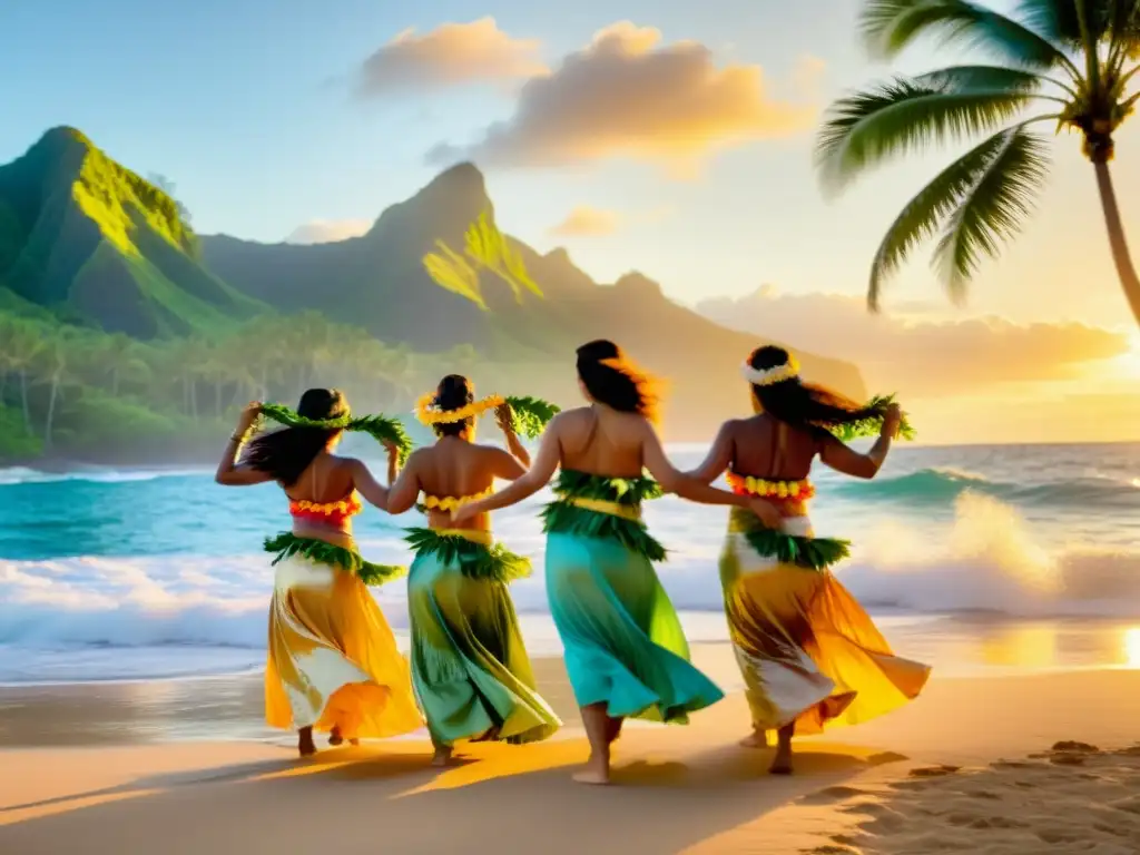 Un grupo de mujeres bailando hula en la playa al atardecer en un retiro de danza hawaiana espiritual